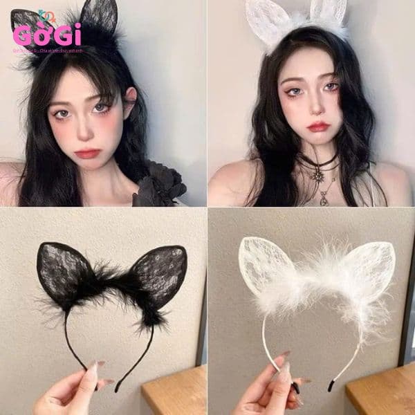 Cài tóc tay mèo có long vũ dễ thương, phụ kiện cosplay (đen, trắng)